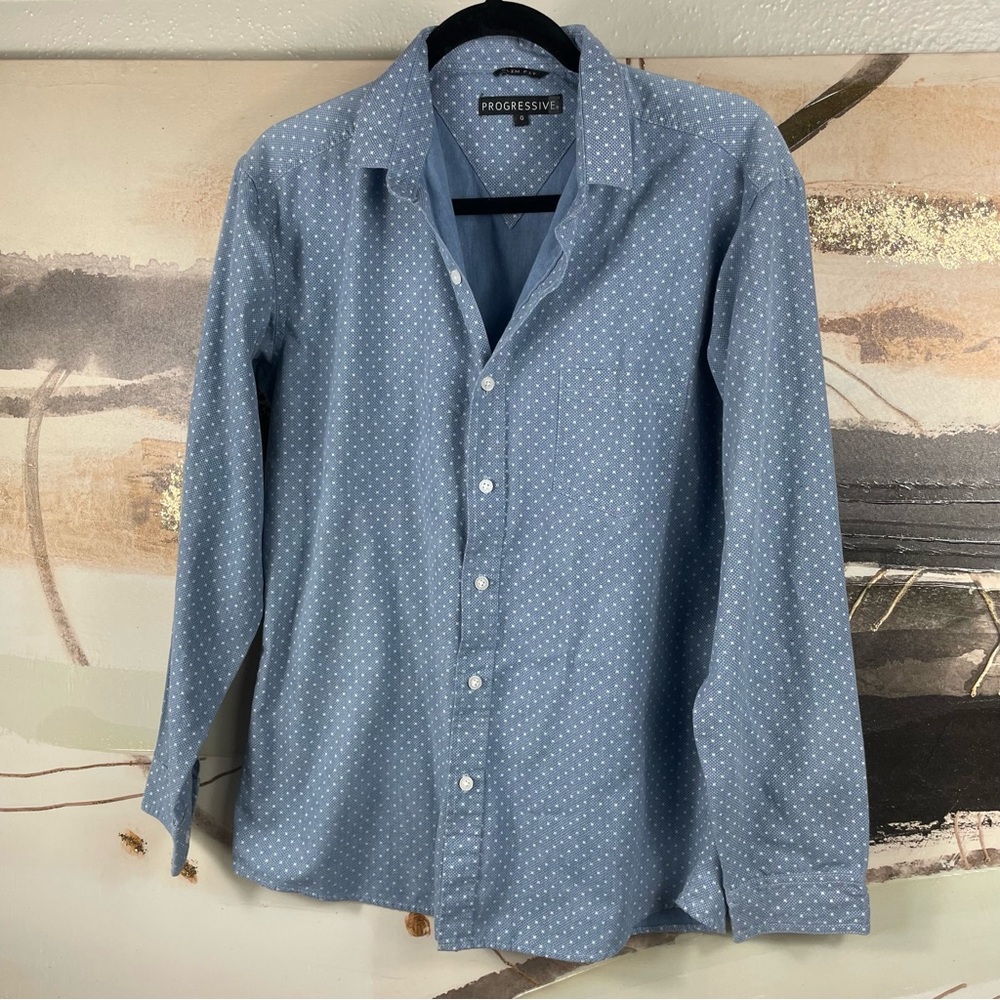 Men Long sleeve Blue Geometric White Button down shirt large Grande Progressive